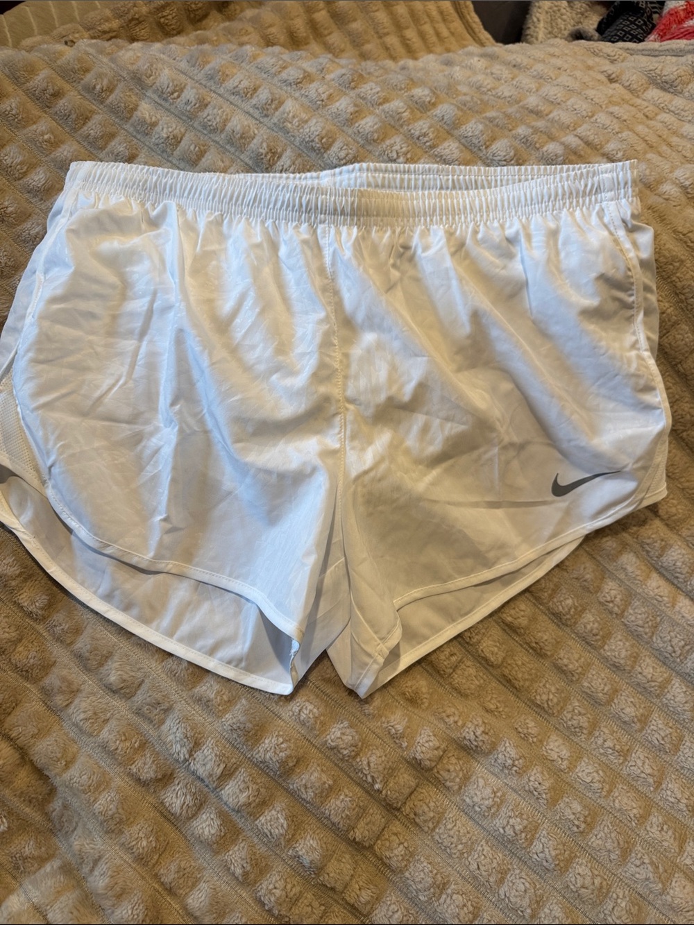 Nike White Athletic Running Shorts with Gray Swoosh